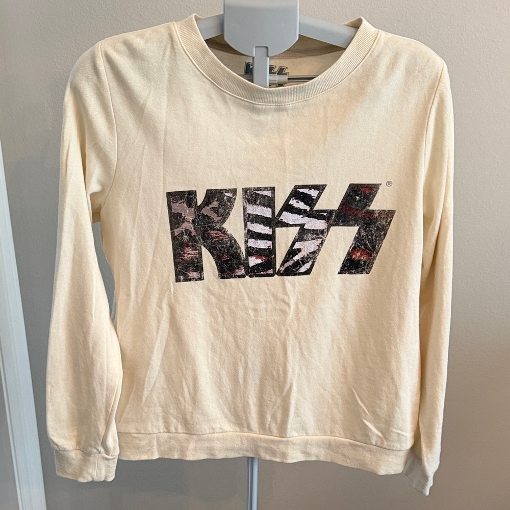 Kiss Band Distressed Graphic Pullover Sweater Cream Medium - Picture 3 of 5
